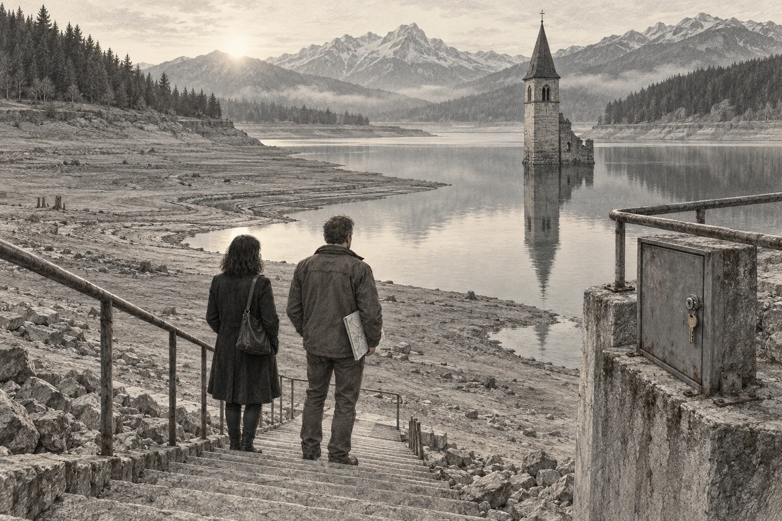 Bleistiftzeichnung eines alten Messstegs am abgesunkenen Falkensee, mit einer Betontreppe, einem Messschrank und zwei Menschen am Geländer.