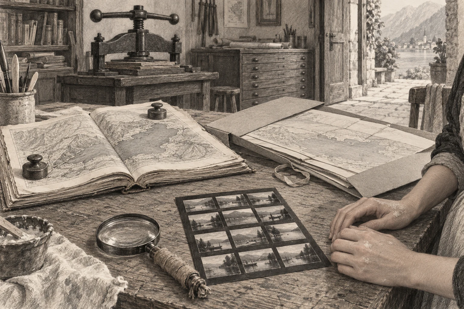 Bleistiftzeichnung einer kleinen Buchbinderwerkstatt mit Atlas, Planmappe und fotografischem Kontaktbogen auf dem Arbeitstisch.