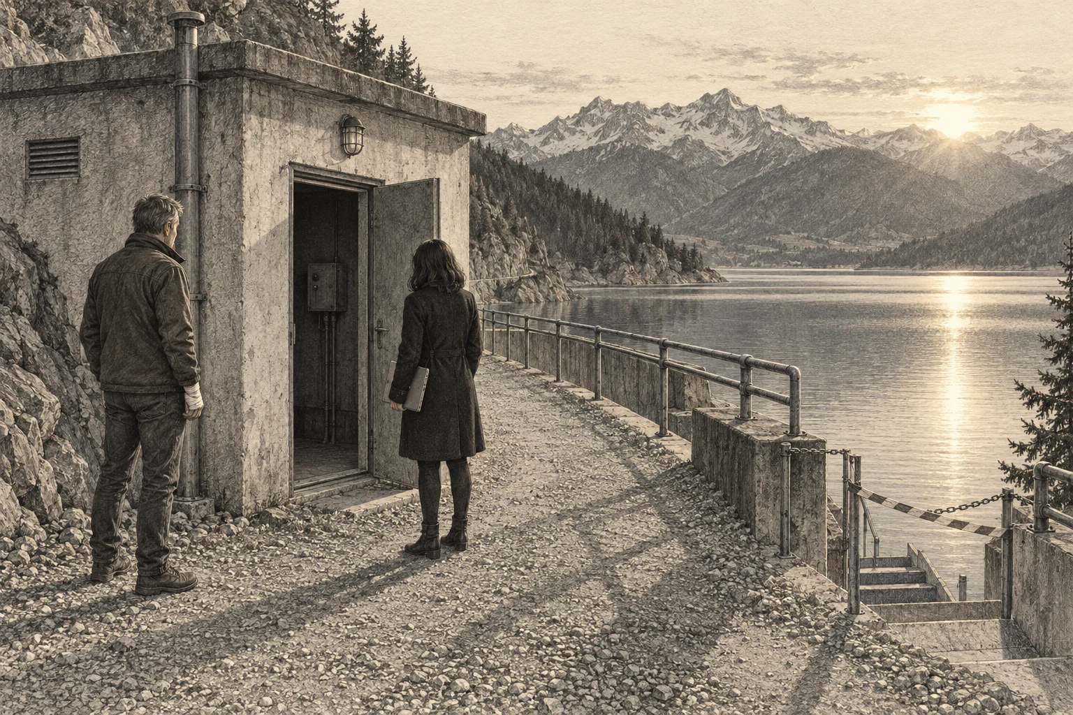 Bleistiftzeichnung eines alten Pumpenhauses am See im Abendlicht, mit offener Tür und zwei wartenden Menschen auf dem Wartungsweg.