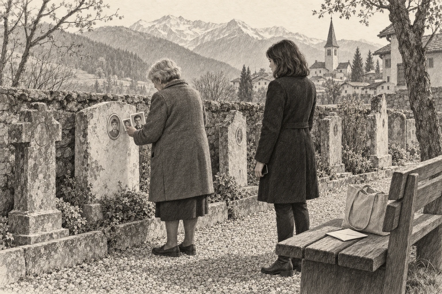 Bleistiftzeichnung eines stillen Gedenkfelds mit alten Steinen und einer Frau, die eine kleine Fotografie neben ein ovales Porträt hält.