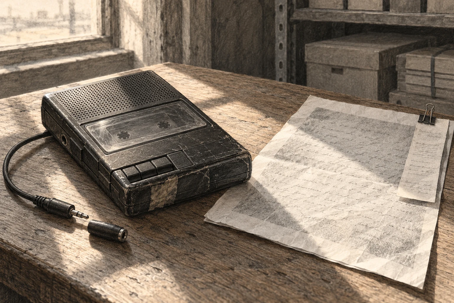Bleistiftzeichnung eines alten Kassettenrecorders mit Anschlusskabel, Briefkopie und schmalem Postbeleg auf einem Tisch.