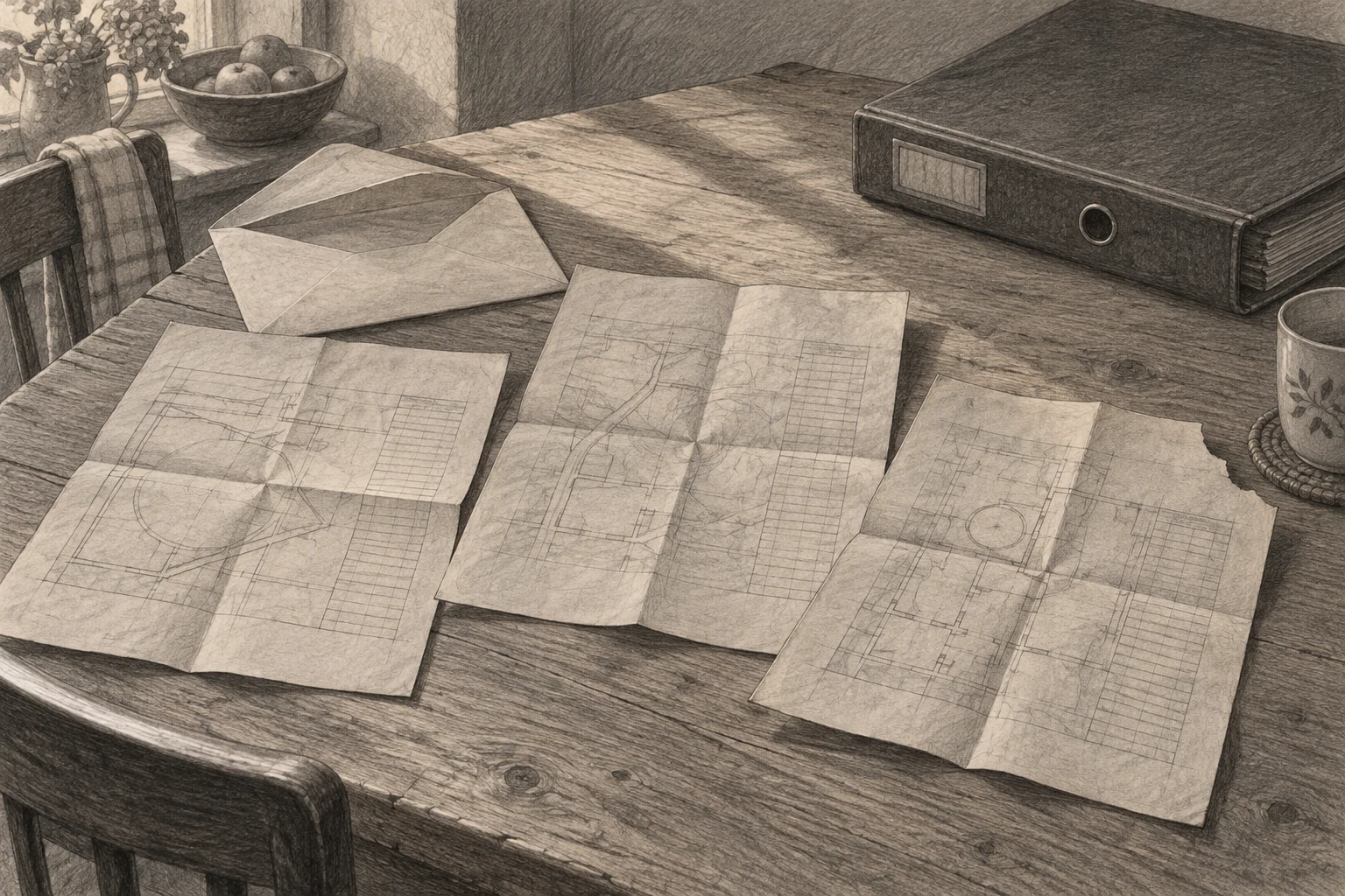Bleistiftzeichnung dreier aufgefalteter alter Papierblätter, eines offenen Umschlags und eines Hausordners auf einem Tisch im Seitenlicht.